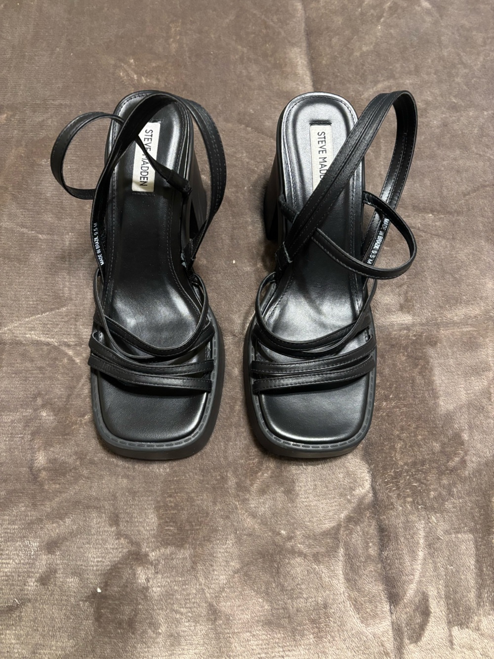 Steve Madden “Kalani” Black Strappy Square-Toe Block Heels
